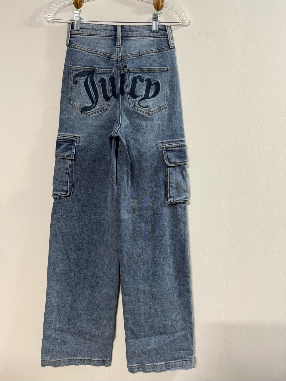 VTG Juicy Couture Denim Baggy Cargo Jeans Wide Leg Embroidered Y2K Size 24